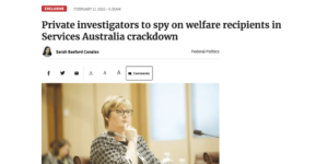 Screencap of Canberra Times article with the headline "Private investigators to spy on welfare recipients"