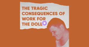Photograph of Josh Park-Fing's face taken from a side angle on an orange background. Behind him is orange text on a white background that read 'The tragic consequences of Work for the Dole'